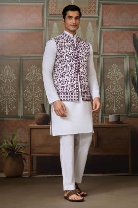 Kurta blanche pour homme en soie brodée KURR604
