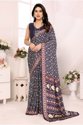 Silk Saree with Printed in Navy blue SR29993
