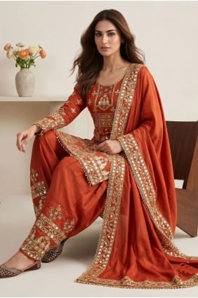 Salwar Kameez en soie orange brodée SK159167
