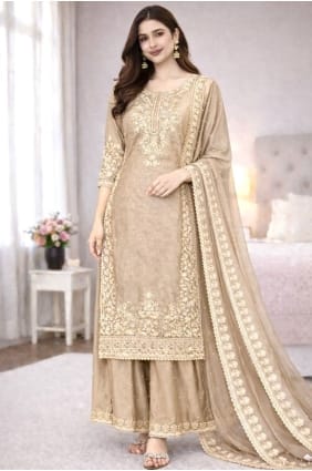 Ensemble palazzo en soie beige à sequins avec dupatta PZ4331