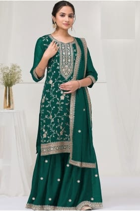 Ensemble palazzo vert en soie brodée avec dupatta PZ4211