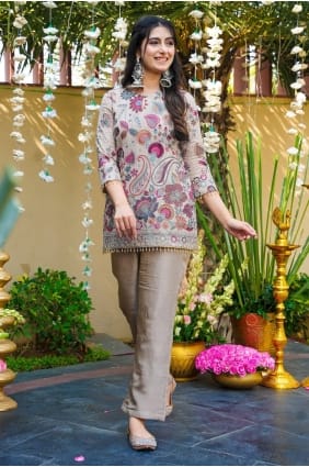 Ensemble palazzo en soie grise brodée avec dupatta PZ4460