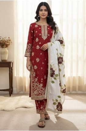 Ensemble palazzo à sequins en soie bordeaux pour l'Aïd PZ4306