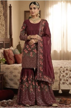 Ensemble palazzo en soie à sequins bordeaux avec dupatta PZ4433