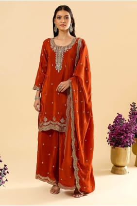 Ensemble palazzo en soie orange avec broderies PZ4522