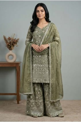 Ensemble palazzo en soie à sequins vert pistache avec dupatta PZ4387