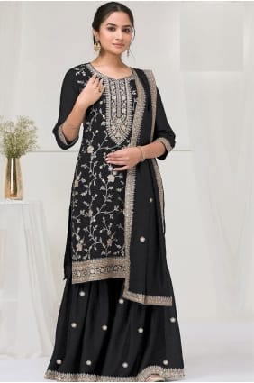 Ensemble palazzo en soie brodée noire avec dupatta PZ4214