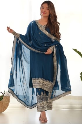 Ensemble palazzo bleu en soie à sequins PZ4421