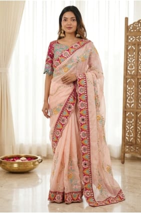 Sari de soirée en soie brodée couleur pêche avec chemisier assorti SR30112