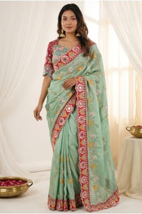 Sari de soirée en soie brodée couleur pistache avec chemisier assorti SR30110