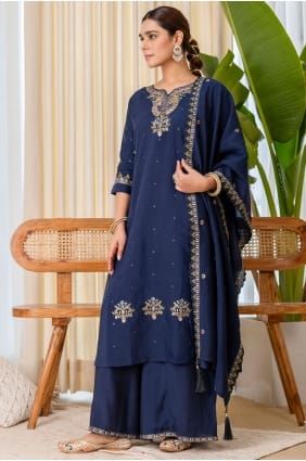 Ensemble Patiala en soie bleue brodée avec dupatta PZ4495