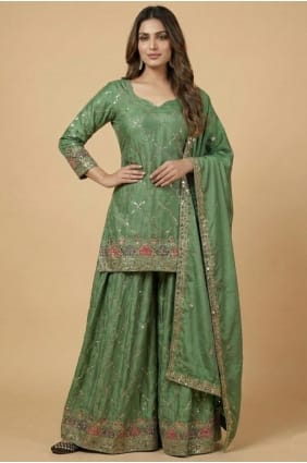Ensemble Patiala en soie vert d'eau brodée avec dupatta PZ4253