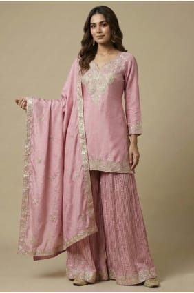 Ensemble Patiala en soie rose à paillettes PZ4258