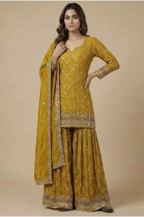 Ensemble Patiala jaune en soie avec sequins PZ4256