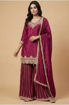 Ensemble Patiala en soie couleur bordeaux Rani avec sequins PZ4264