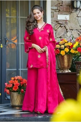 Ensemble palazzo rose en soie brodée avec dupatta PZ4454