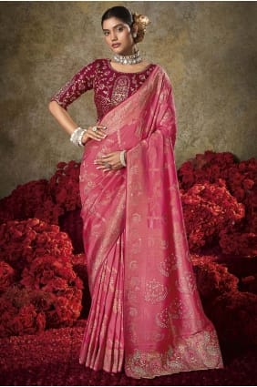 Sari rose brodé en soie SR29500