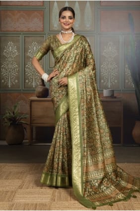 Saree en soie Mahendi avec imprimé SR30028