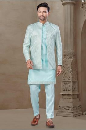 Pyjama kurta bleu ciel en soie imprimée pour homme avec gilet et dupatta KURR518