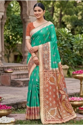 Sari Rama vert soie tissée avec chemisier SR29975