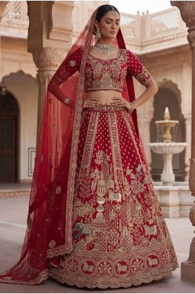 Lehenga Choli en soie rouge avec fil LC9008