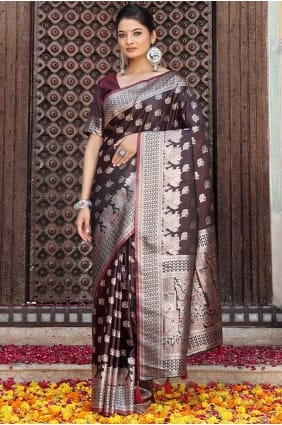 Sari rouge en soie brodée SR29226