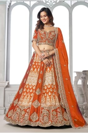 Lehenga Choli en soie rouille avec broderie à la main LC9110