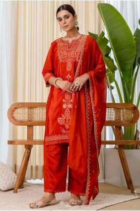 Salwar Kameez en soie brodée rouille SK156092