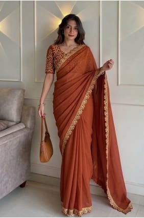 Sari en soie rouille brodé SR30054