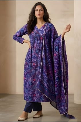 Salwar Kameez en soie bleue imprimée SK159099
