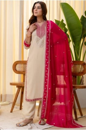 Salwar Kameez crème en soie brodée SK156088