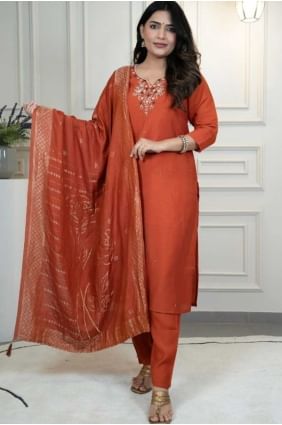 Salwar Kameez en soie rouille avec tissage SK155756