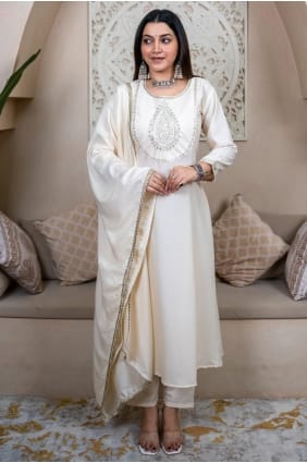 Salwar Kameez en soie brodée blanche SK15639