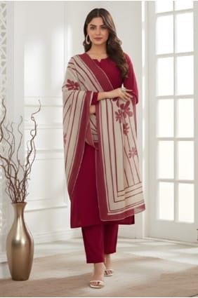 Salwar Kameez en soie rouge avec imprimé numérique SK155952