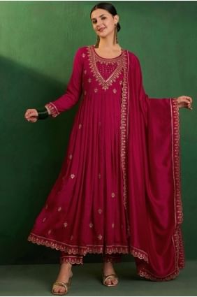 Salwar Kameez en soie brodée rose foncé avec Dupatta SK155782