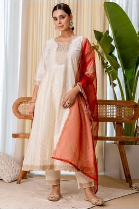 Salwar Kameez en soie brodée blanche avec dupatta SK156090
