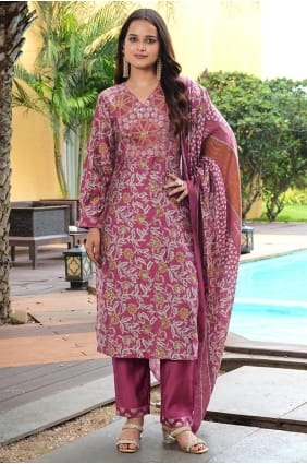 Salwar Kameez rose brodé en soie pour l'Aïd SK155965