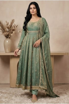 Salwar Kameez à sequins en soie vert d'eau AS4254