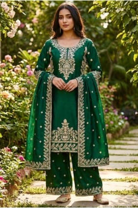 Salwar Kameez en soie à paillettes vertes pour l'Aïd SK155992