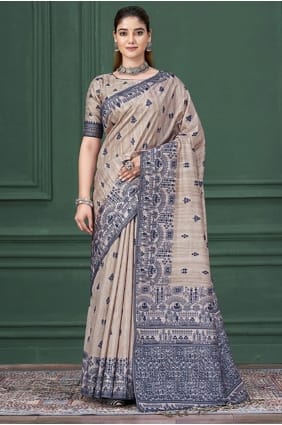 Sari en soie beige imprimé SR29015