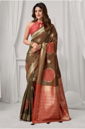 Sari en soie brodé marron SR29566
