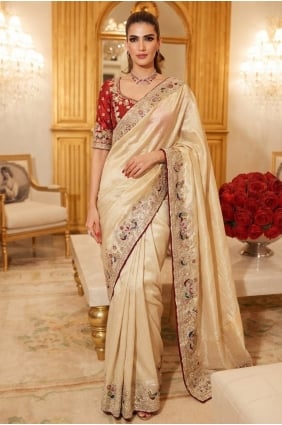Sari en soie à sequins, brodé couleur crème SR30300