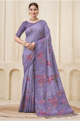 Sari en soie violette avec imprimé numérique SR29010