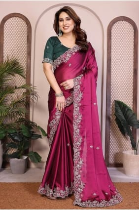 Sari en soie brodée violette avec chemisier assorti SR29849