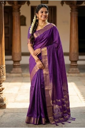 Sari en soie imprimée de zari violet pour les fêtes SR29880