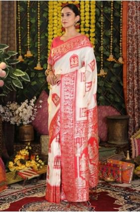 Sari en soie blanc avec tissage SR28892