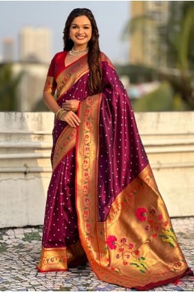 Sari en soie tissée couleur vin avec chemisier SR29477