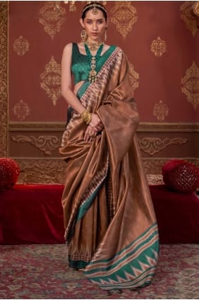 Sari en soie marron brodé SR29548
