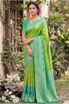 Sari brodé en soie vert perroquet SR29953