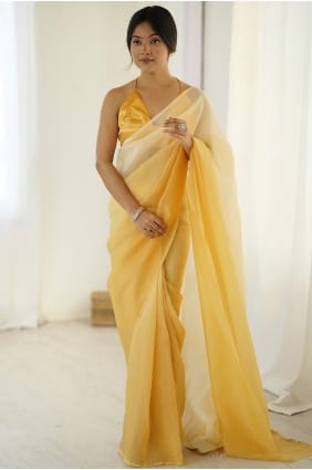 Sari jaune en soie brodée avec chemisier de créateur SR29868